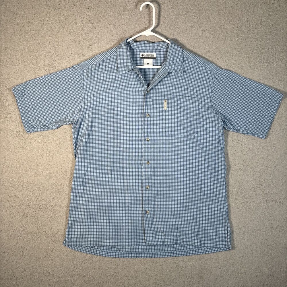 Columbia Button Up Shirt Men’s Size L Blue Black Check Camping Outdoor Fishing